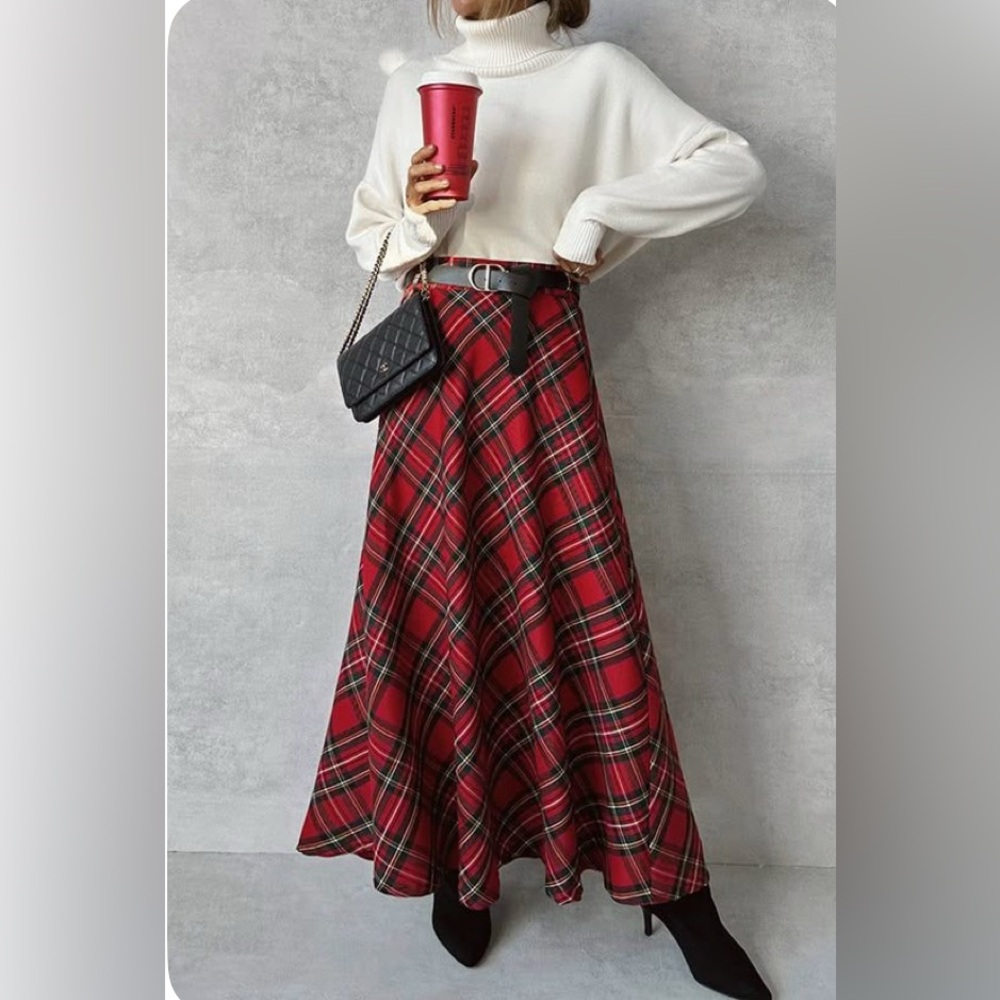 Plaid Red Tartan Maxi Full Skirt with pockets no name approx. size XL see meas. - Picture 8 of 10